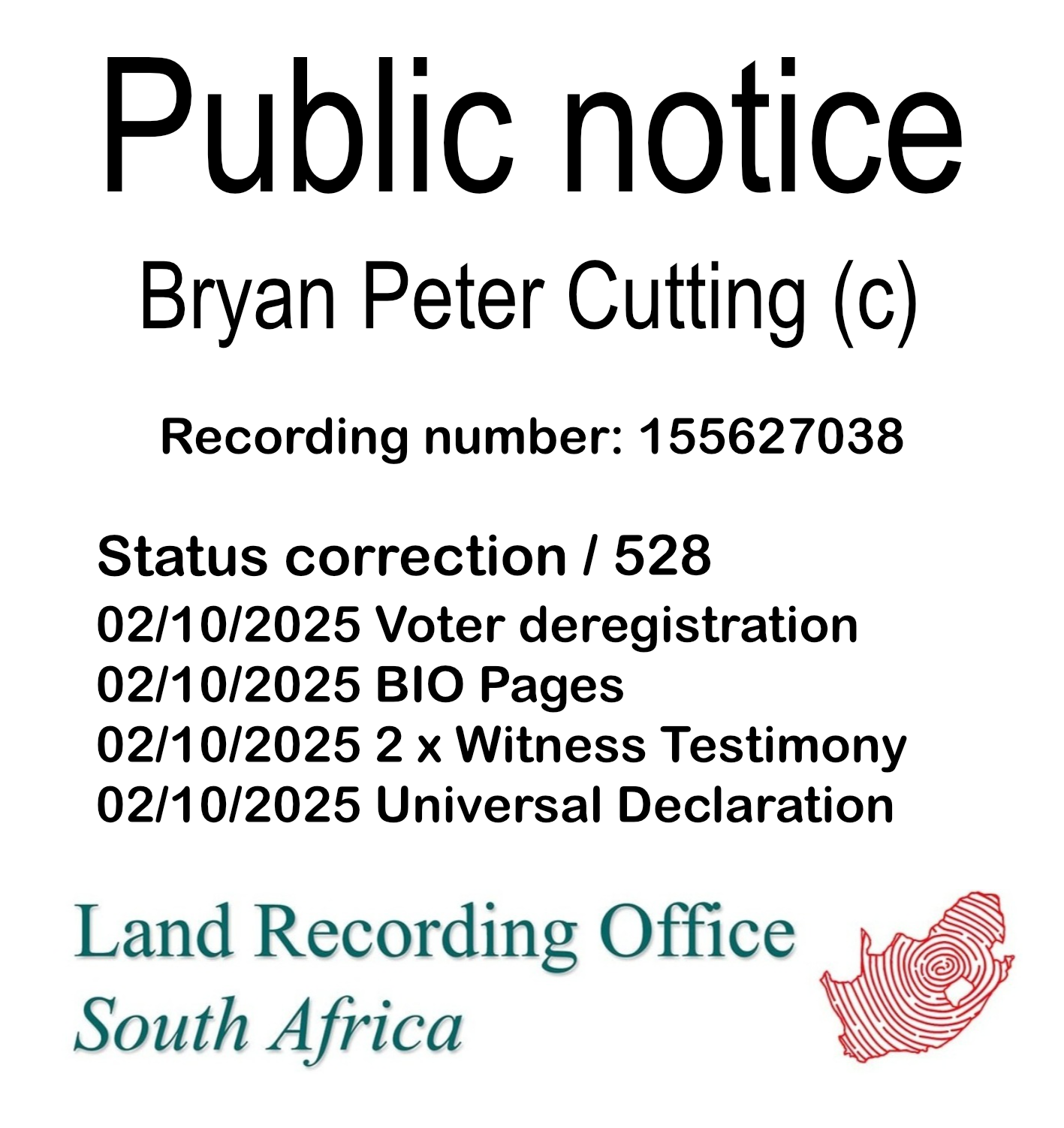 Public notice Bryan Peter Cutting Recording number 155627038